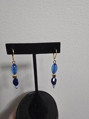 Blue Glass Bead Drop Earrings - Gold Accent
